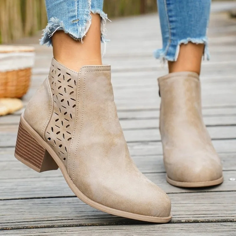 Women Pointed Toe Ankle Boots Thick Heel Side Shoes Women Zipper Fashion Retro Leather Short Barrel Hollow Boots Botas Mujer