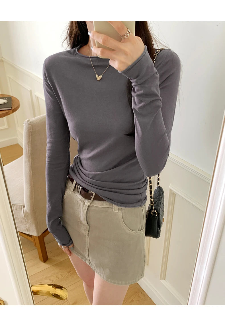 2026 Spring Autumn T shirt Women Tops Solid Slim Fit Long Sleeve O Neck Tshirts Female Casual Streetwear High Quality Base Tees