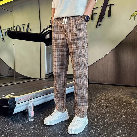 Men's Premium Stylish Color-Block Checked Straight-Leg Pants Plaid Casual Fashion Trousers Autumn Winter Pockets Male Clothes