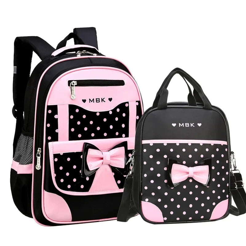 Lightweight School Backpack for Girls Kids Ages 6-12, Cute Polka Dot Bow Elementary Bookbag with Ergonomic Padded Straps