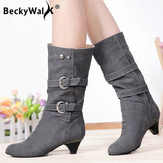 2026 New Fashion Women Boots Chunky Heeled Casual Round Toe Woman Shoes Autumn Winter Mid-Calf Boots Women with Buckle  WSH3476