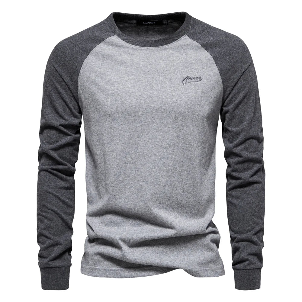 New 100% Cotton Men T-shirts Long Sleeve Splicing Tops Spring Autumn Casual Streetwear O-neck Slim Tees Men's Bottom T-shirt