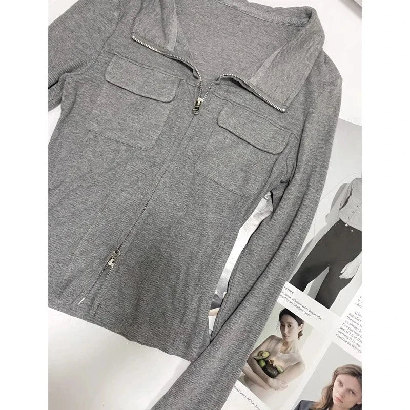 POLO Collar Bottoming Shirt for Women in Autumn Winter Slim Unique Short Long-sleeved Top