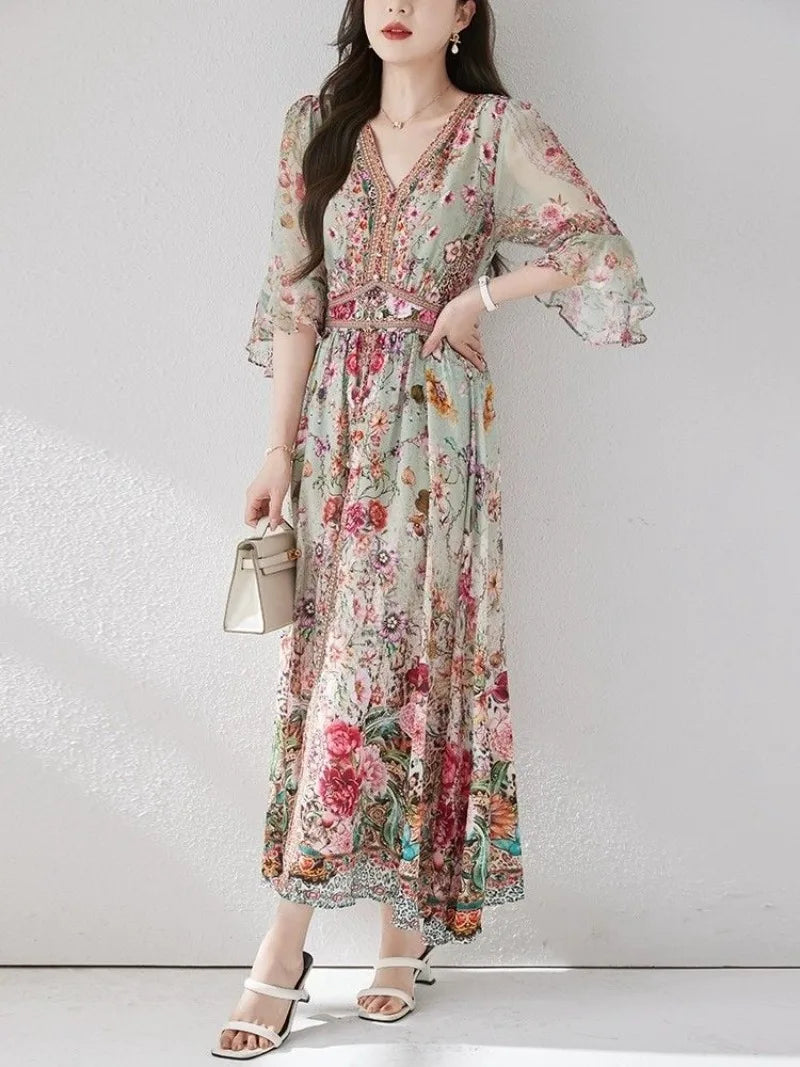 Green Silk Dress for Women in the Summer of 2026 Luxurious High-end Exquisite and Elegant Temperament Mulberry Silk Vacation WLF