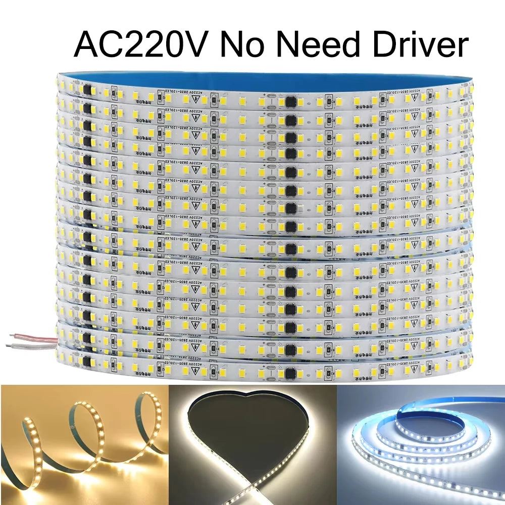 10m 20m 50m 220V 2835 LED Strip Light No Need Driver High Bright 120LEDs/M Flexible Tape Lights IP44 Waterproof Home Lighting