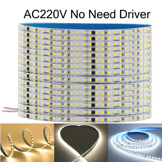 10m 20m 50m 220V 2835 LED Strip Light No Need Driver High Bright 120LEDs/M Flexible Tape Lights IP44 Waterproof Home Lighting