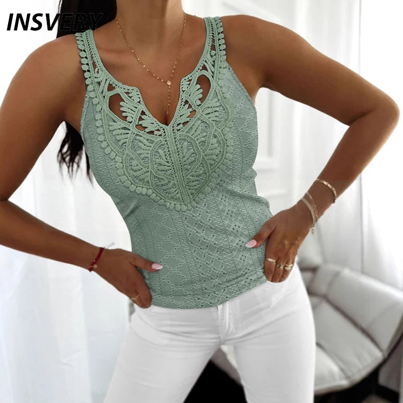 Summer Lace Vest Women Tank Tops V Neck Sleeveless Women T-Shirts Sexy Solid Tee Female T Shirt Green White Black Pink