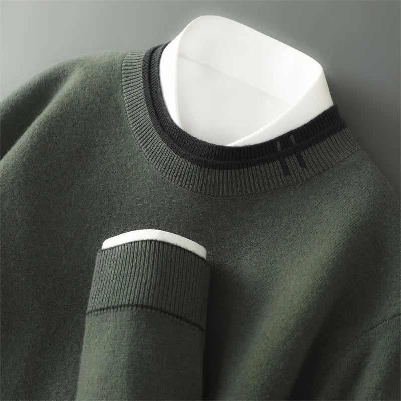 Pure Wool Sweater Men Autumn and Winter New Thick Warm Double Two Collar Knit Pullover Business Casual Sweater Men's Base Shirt