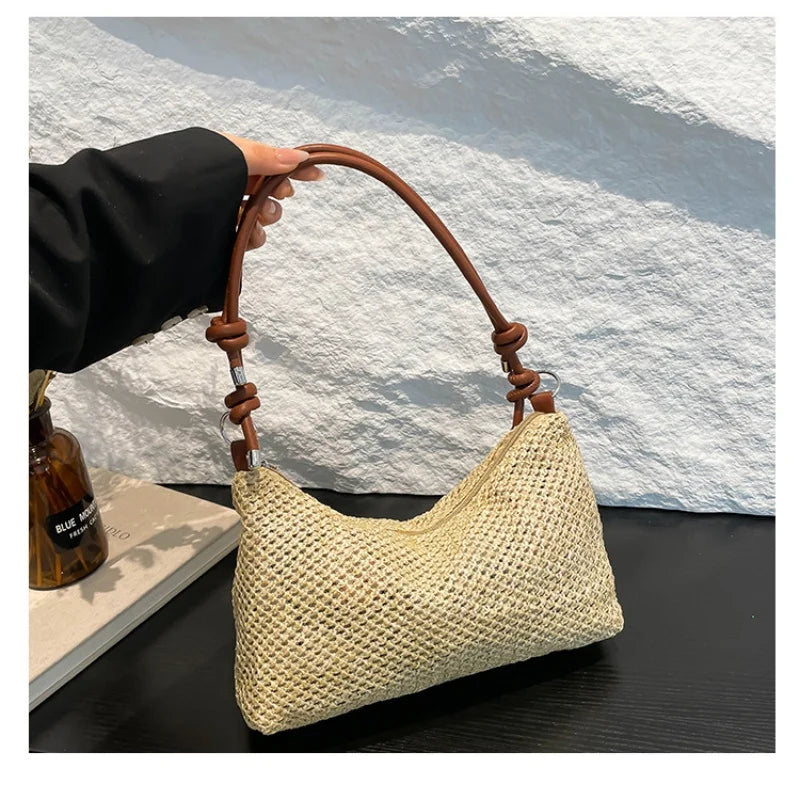 Women Woven Bag Summer Beach Holiday Handbag Portable Tote Bag Fashion Casual Big Capacity Leather Rope Women Shoulder Bags