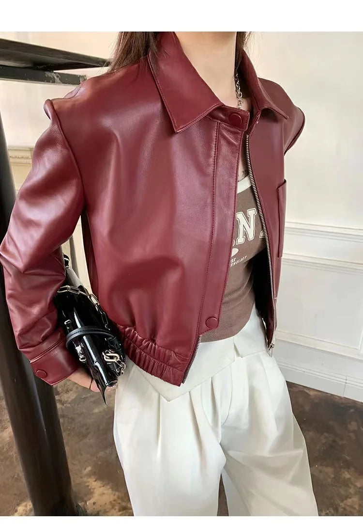 European 2025 New Fashion Short Leather Jacket For Women Casual Elastic Band Waist Top Clothing Mujer Varsity Claret Veste
