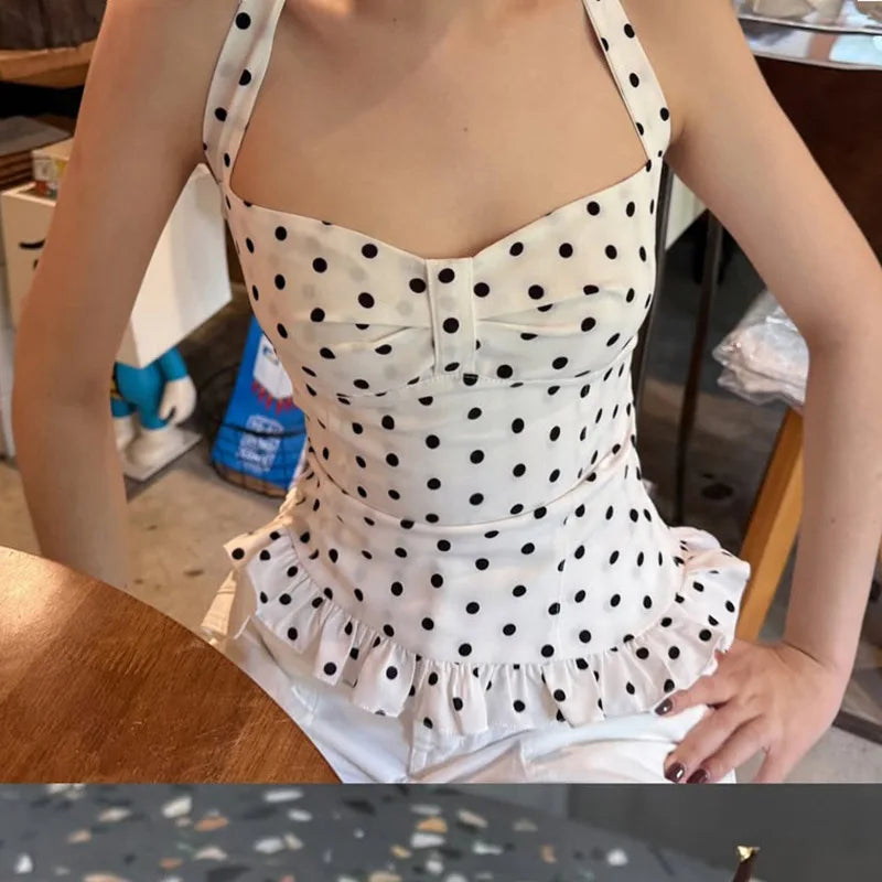 Women Halter Tank Tops Ruffles Hem Lady Sexy Backless Sleeveless Crop Top Summer Fashion Streetwear Female Dot Print Vests