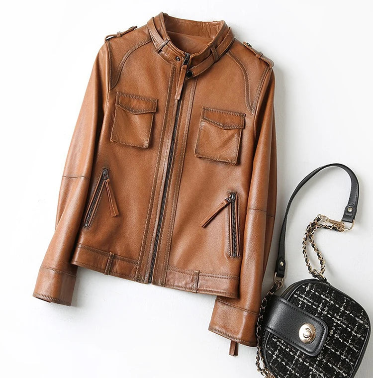 Autumn Clothes Women Genuine Sheepskin Short Locomotive Jaqueta Feminina Stand Collar Slim Vintage Versatile Brown Leather Coat