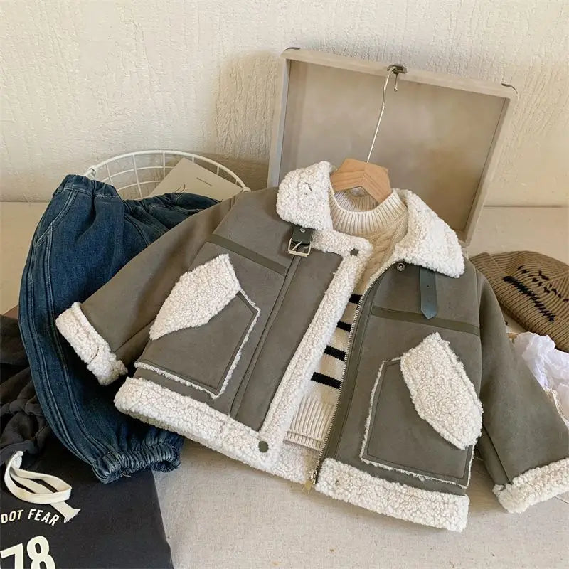 Winter New Children's Jacket Boys and Girls Baby Plush Thickened Cotton Coat Warm Jacket Motorcycle Coat  Autumn