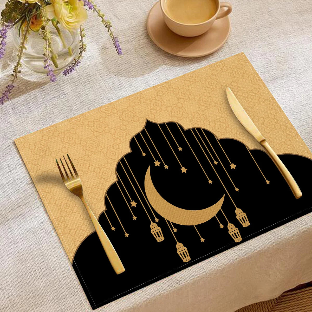 Artistic Ramadan Moon Lantern Floral Pattern Placemats Exquisite Watercolor Geometric Designs Heat Resistant Table Mats