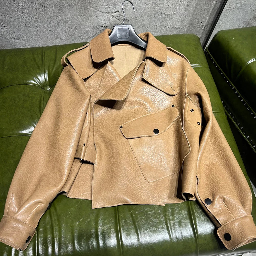 Oversized Brown Suede Women Jacket Real Sheepskin Leather Coat 2026 Loose Outwear