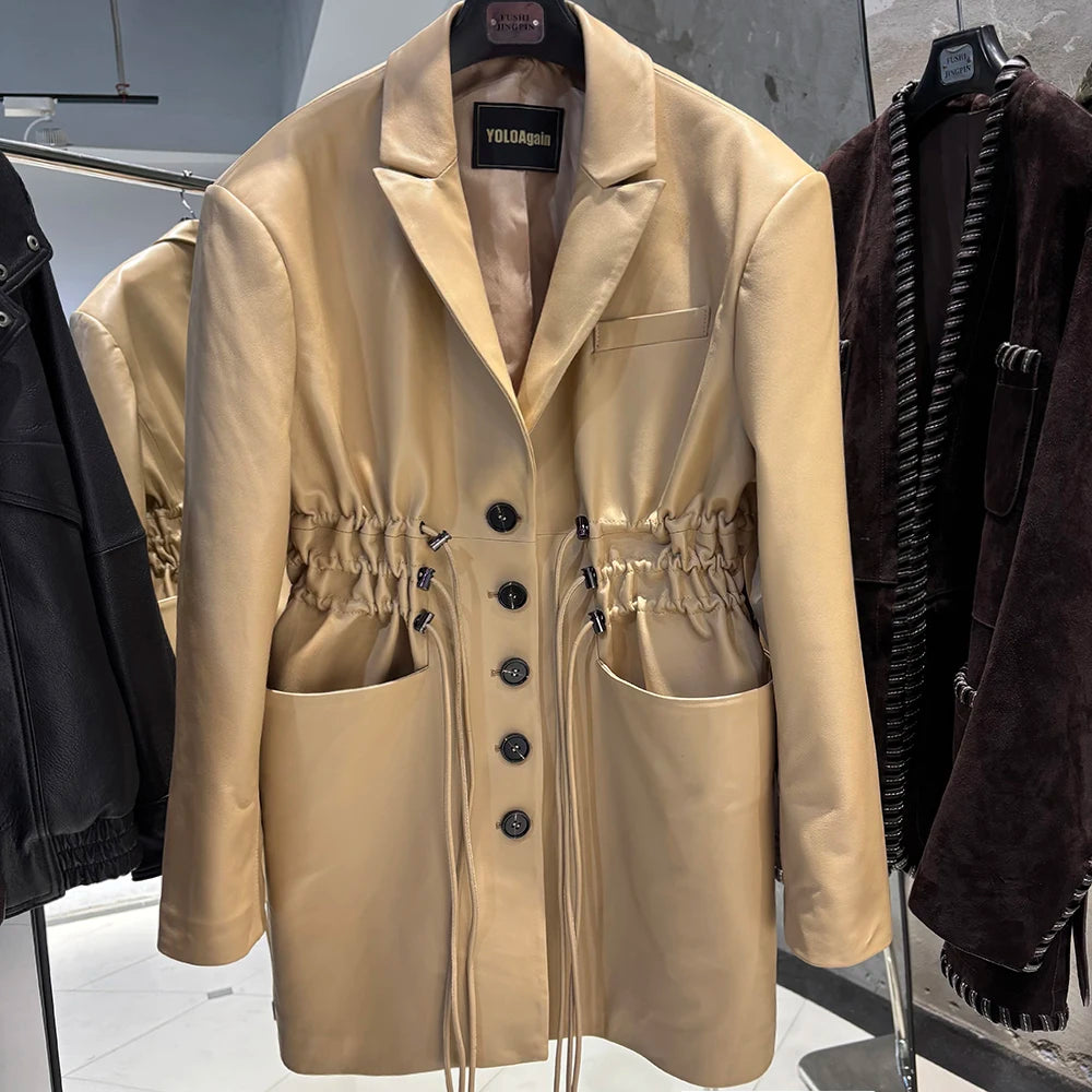 YOLOAgain Women's Leather Jacket Genuine Sheepskin Coat Single Breasted