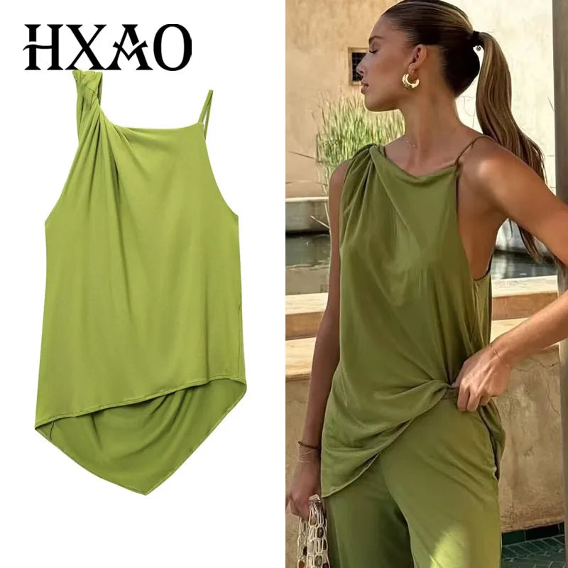 Top Women Summer Tank Sleeveless Top With Open Back Ruffled Asymmetrical Slip Top Sexy Street Style CasualOversize Green Tops