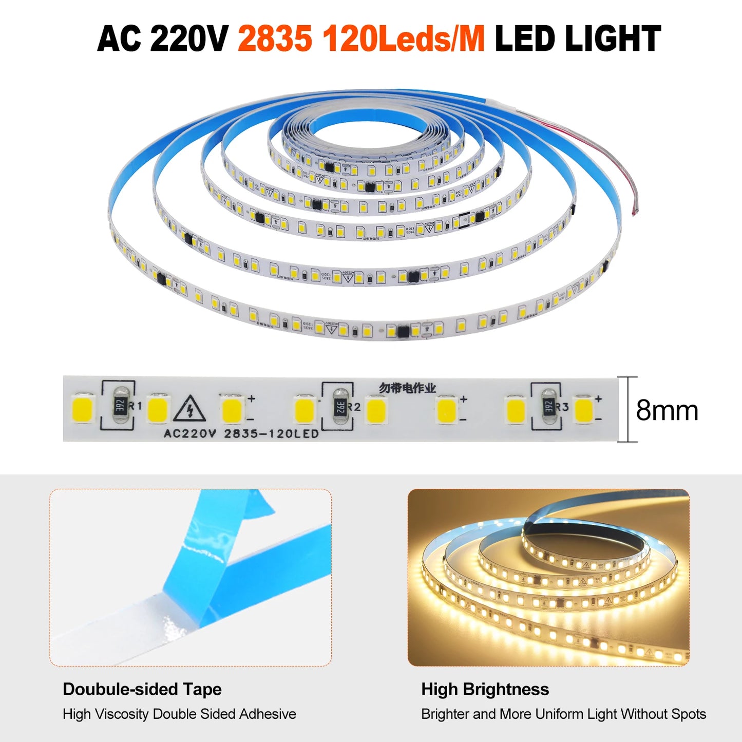 10m 20m 50m 220V 2835 LED Strip Light No Need Driver High Bright 120LEDs/M Flexible Tape Lights IP44 Waterproof Home Lighting