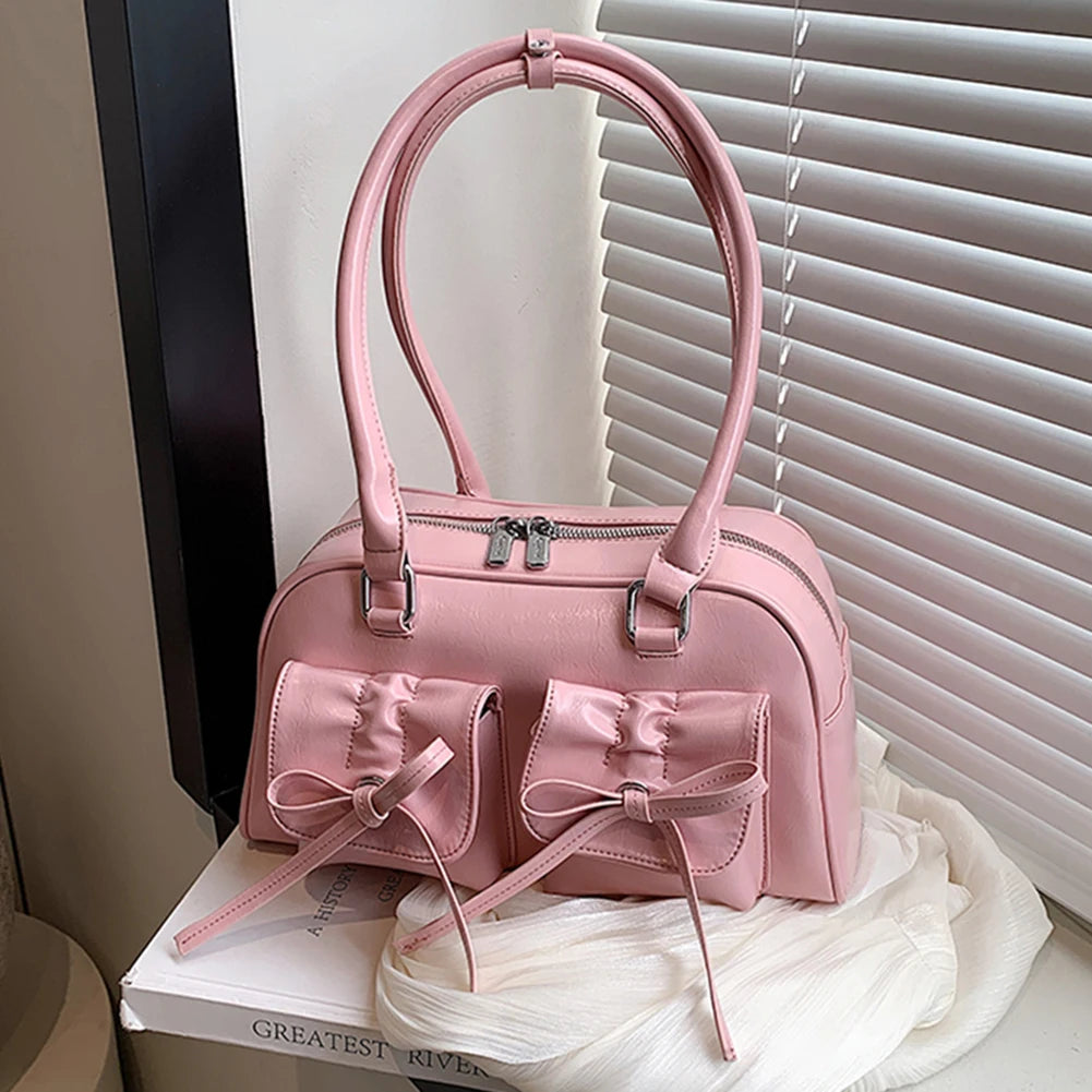 Women Trendy Handbags Double Pockets PU Leather Fashion Shoulder Bag with Bow Stylish Underarm Bag Solid Color for Outdoor Party