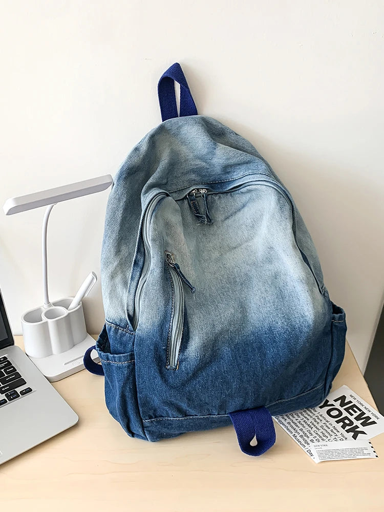 Men's and Women's Backpacks, Student School Bags, Large-Capacity Washed Denim Bags