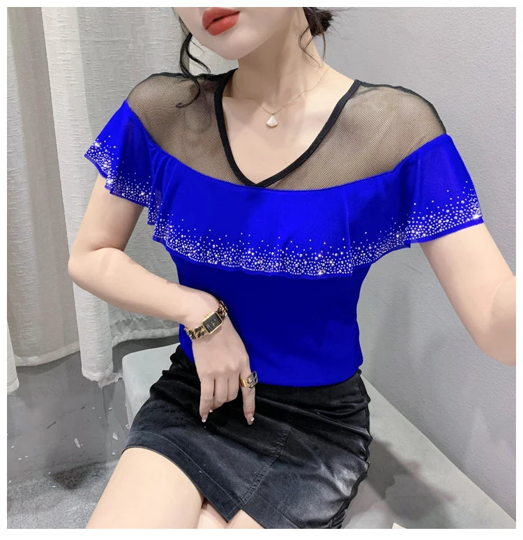 Real Photos Summer Tops Girl Patched Ruffles Mesh V Neck Short Sleeve T Shirt Women Fashion Tees Tshirts Beach Clothing