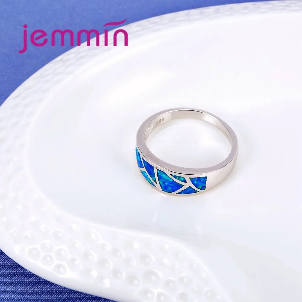925-Sterling-Silver  Ring Jewelry For Women Blue Opal Anillos Bijoux Wedding Annivesary Finger Rings For Female Accessory