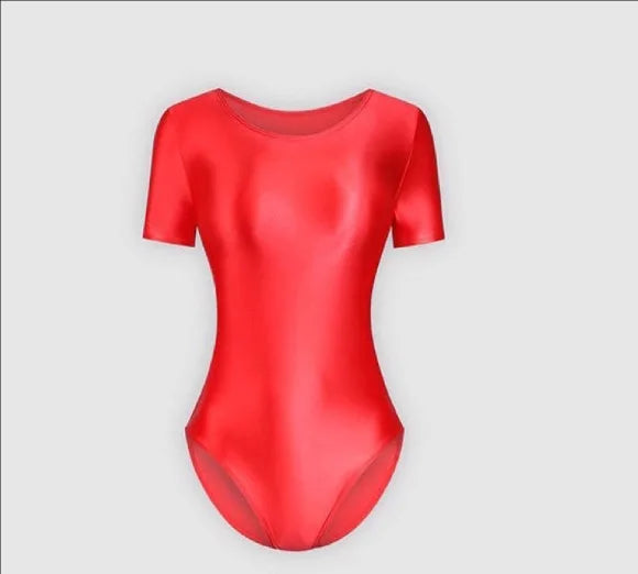 Japanese Men's Bathing Suits Women's Sexy Silky Glossy One-piece Swimsuit Shiny Short Sleeve Bodysuit, Oily Tights Shapewear