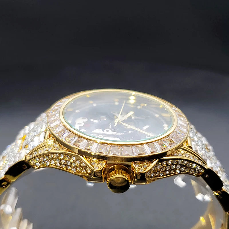 Automatic Watch For Men Diamond Luxury Hip Hop Street Style Luminous Men Mechaincal Watches With Baguette Zircon Bracelet Clock