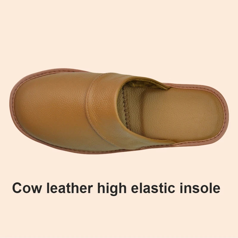 Genuine Cow Leather Slippers Homes in indoor slipper Spring Autumn summer men women elderly non-slip casual single Slides shoes