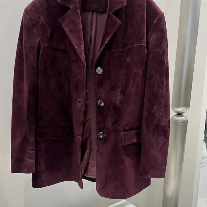 French High-end Western-style Leather Jacket for Women 2025 New Color Purple Red Oversized Casual Kid Suede Suit Blazer Outwears