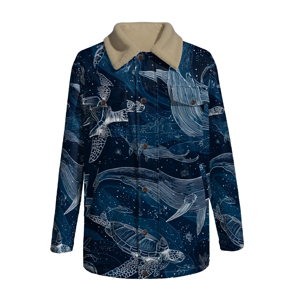 Winter Aesthetic Jacket Marine Life Print Long Coats Whale Turtle Jellyfish Pattern Faux Fur Collar Unisex Coastal Style