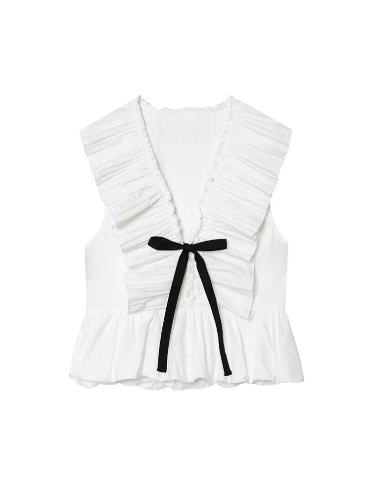 2026 Women Summer Tank Tops Camis Fashion Sweet Solid Bow Pleated V-Neck Female Elegant Street Top Clothes