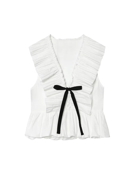 2026 Women Summer Tank Tops Camis Fashion Sweet Solid Bow Pleated V-Neck Female Elegant Street Top Clothes