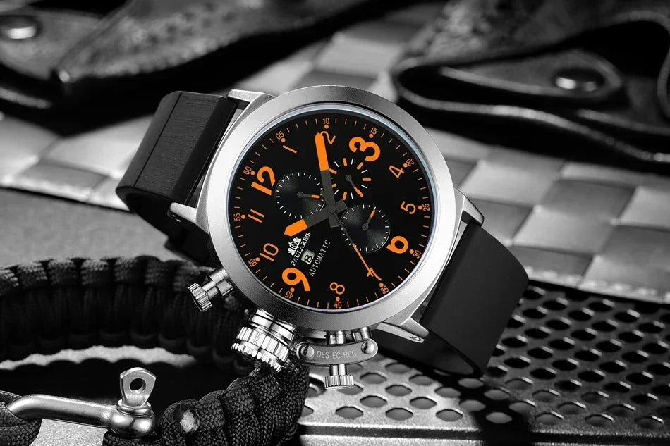 Automatic Watches for Men Mechanical Self Wind Rubber Boat Case Orange Blue Yellow Grey Fashion U Left Hand Reloj Hombre Baratos