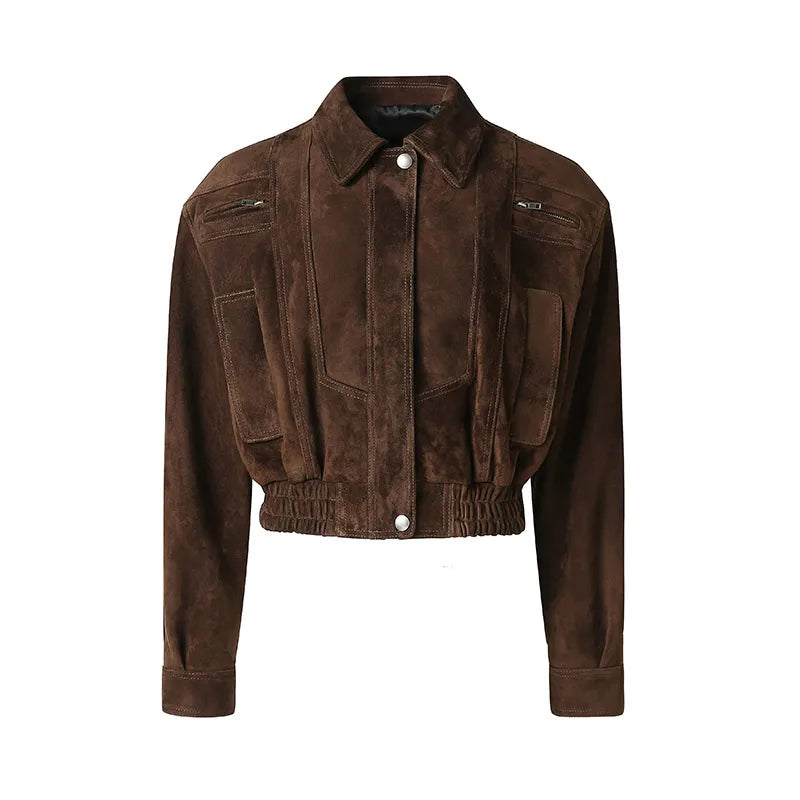 2025A Lady's Fashion Real Suede Jacket Genuine Goatskin Suede Bomber Jacket Oversize Leather Coat Women's Suit
