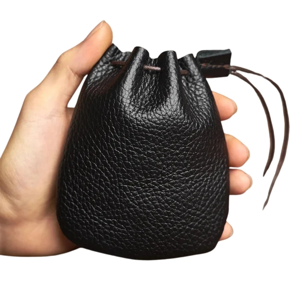 Genuine Leather Coin Purse Men Women Vintage Small Coin Wallet Hard Leather Money Pocket Drawstring Storage Bag