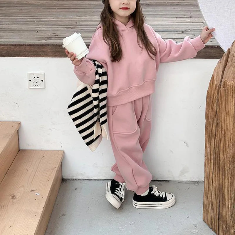 2025 Winter New Children Plus Velvet Thick Clothes Set Boys Girls Fleece Hooded Sweatshirt + Sweat Pants Suit Kids Warm Outfits