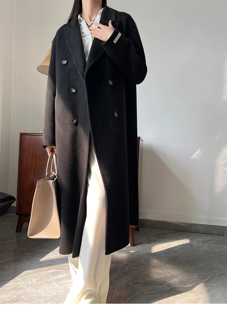 Office Lady Woolen Jackets 2024 Autumn And Winter Suit Collar Double Breasted Warmer Yak Hair Loose Long Women's Wool Coats