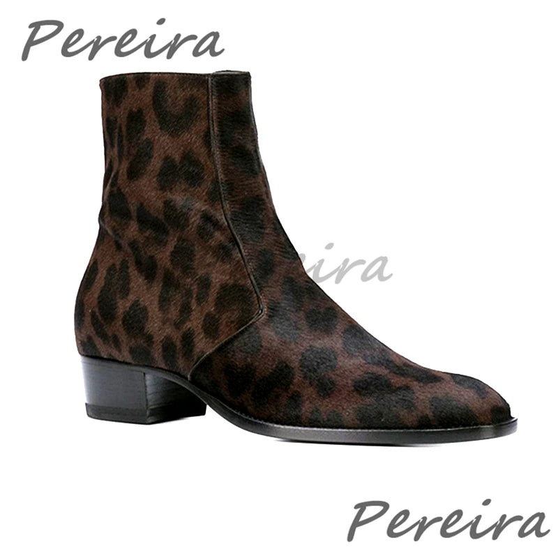 Leopard Horse Hair Chelsea Boots for Men Retro Genuine Leather Zipper Med Heel Ankle Boots Autumn Winter Trend High Top Shoes
