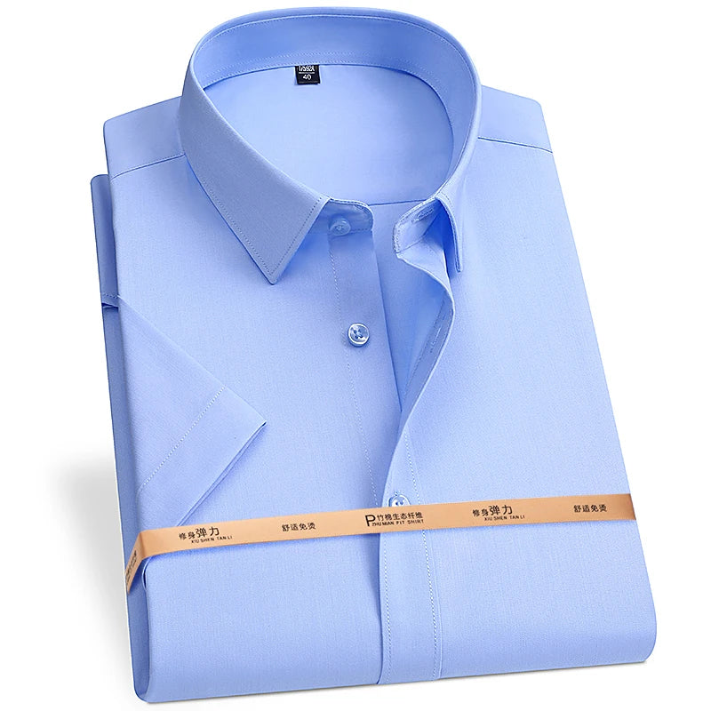 Bamboo Fiber Men's Short Sleeved Shirt Summer Business Formal Wrinkle Resistant Non ironed Black White Blue Gray Shirt 7XL-8XL