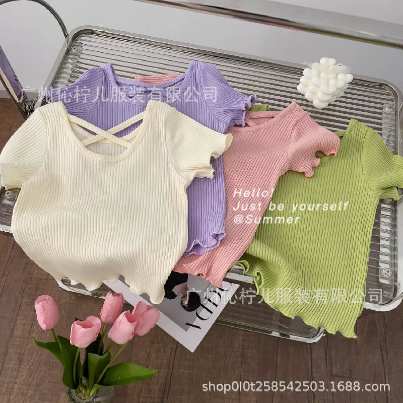 Summer Girls T-Shirt Kids Short Sleeved Thin Soft Tops Simple Solid Color Casual Children Clothing 2-6 Years Sweet Shirtthing
