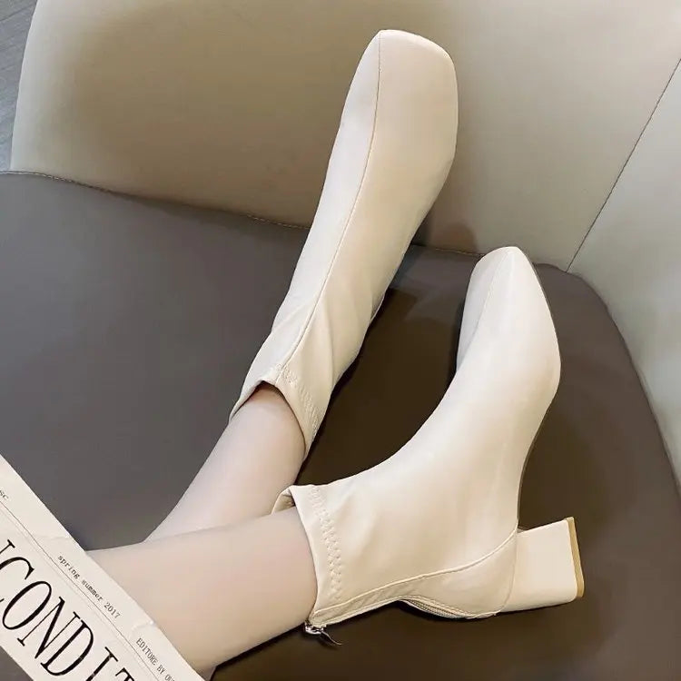 Ladies Bla High Heel ort Boots Spring Autumn Briti Sle Square Head  Boots Faionable Waterproof PU Leather