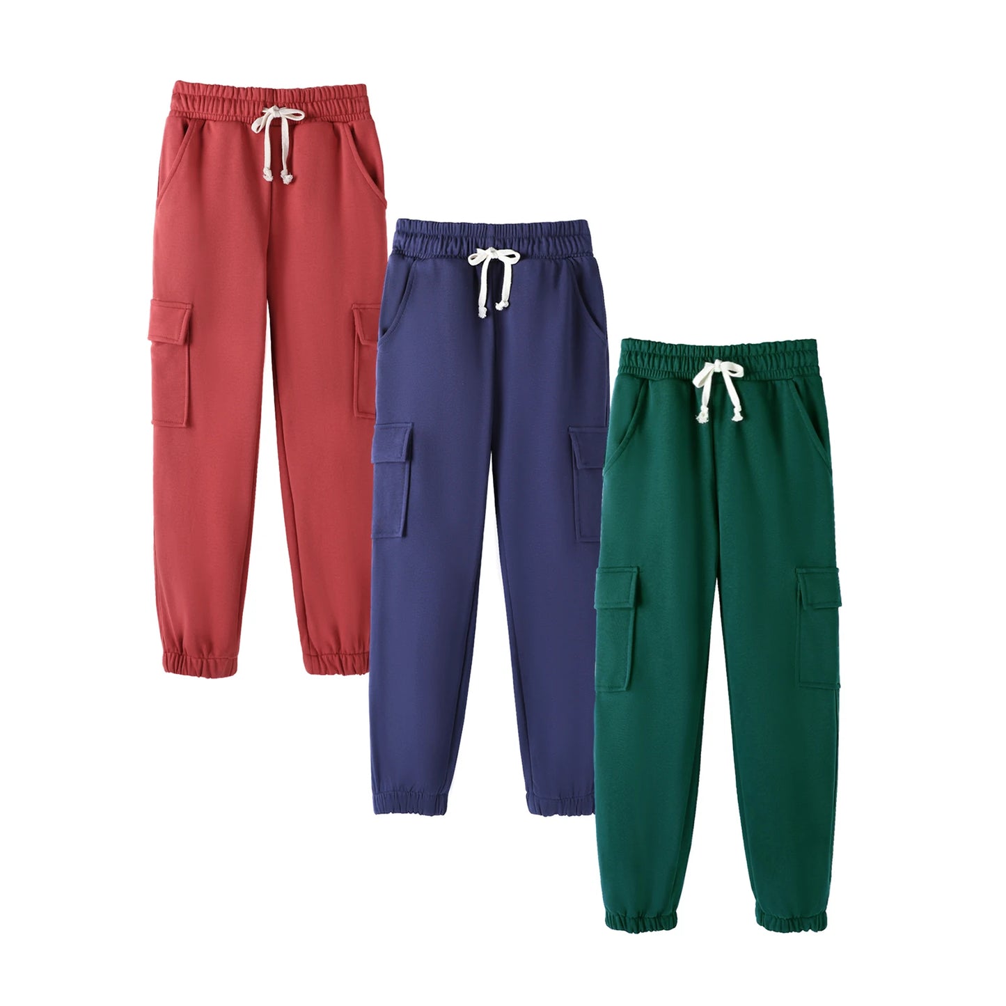 Three piece set of boys' pants with red, green, blue drawstring, large pocket, outdoor casual workwear, sanitary pants
