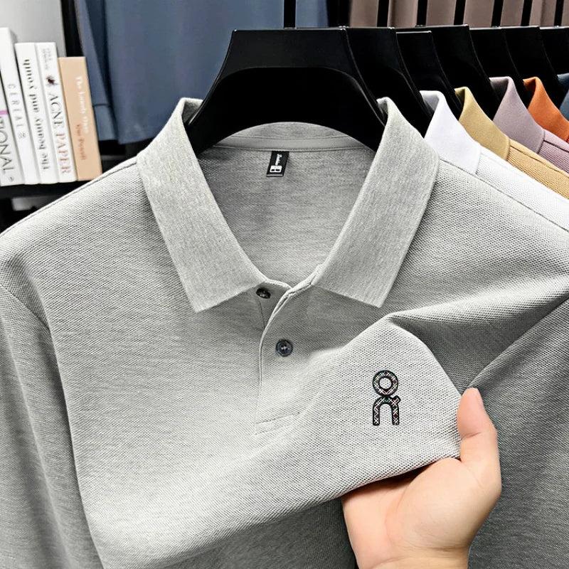 100% pure cotton polo shirt long sleeved men's brand fashionable embossed T-shirt sports breathable spring autumn casual new top