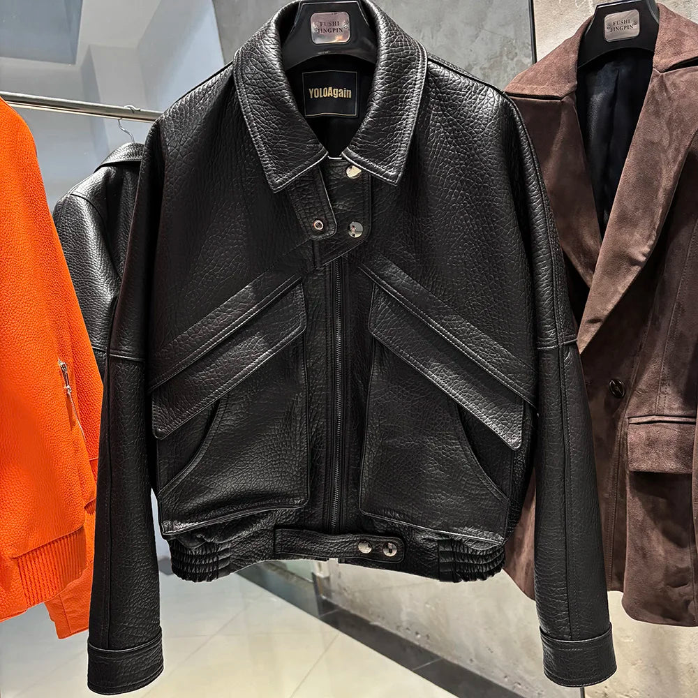 YOLOAgain Women Real Leather Jacket Oversized Light Khaki Suede Leather Jacket Coat With Collar