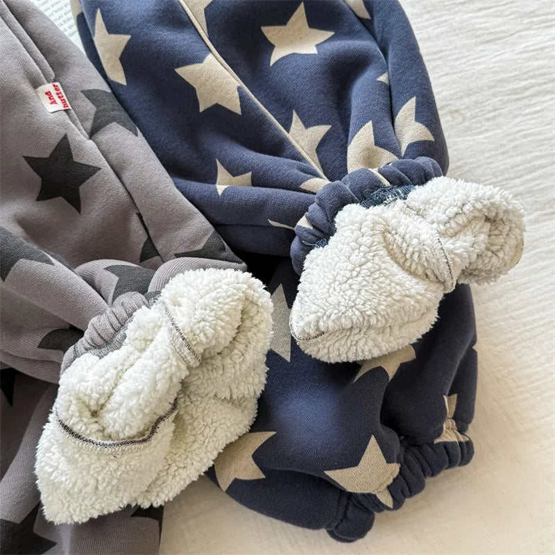 2025 Winter New Children Plus Velvet Thick Casual Pants Fashion Print Boys Fleece Sweat Pants Girls Warm Trousers Kids Clothes
