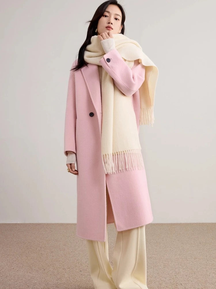 SENTUBILA Women's 100% Wool Double-Faced Coat Winter 2025 Suit Lapel Collar Classic Commuter Style Long Overcoat W54OA8779
