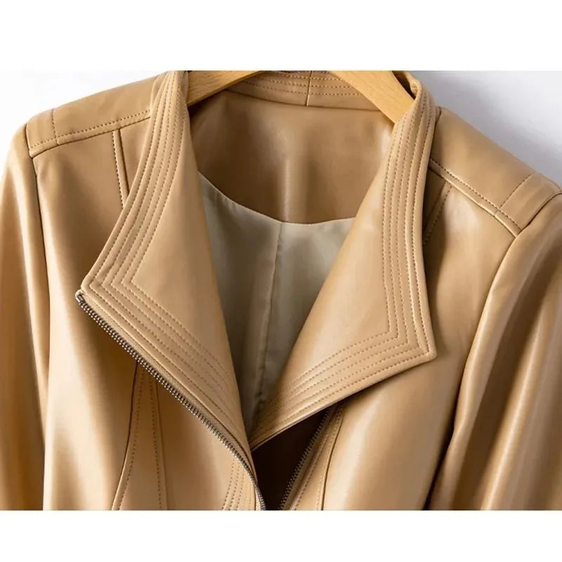 Genuine Leather Women's Short Slim Sheepskin 2026 Spring Autumn Leather Jacket New Long Sleeve Suit Collar Zipper Little Coat