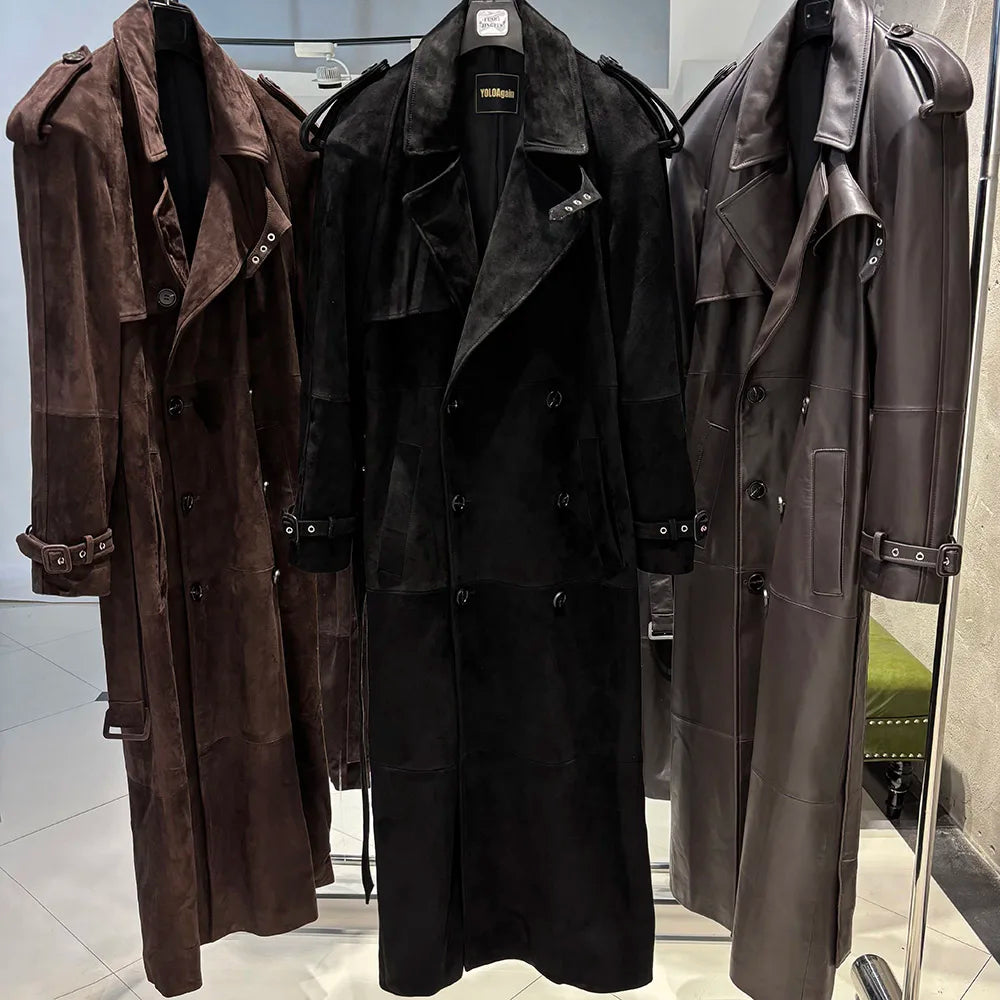 YOLOAgain 150cm Extra Length Real Leather Trench Coat Women Double Breasted Suede Coat Female