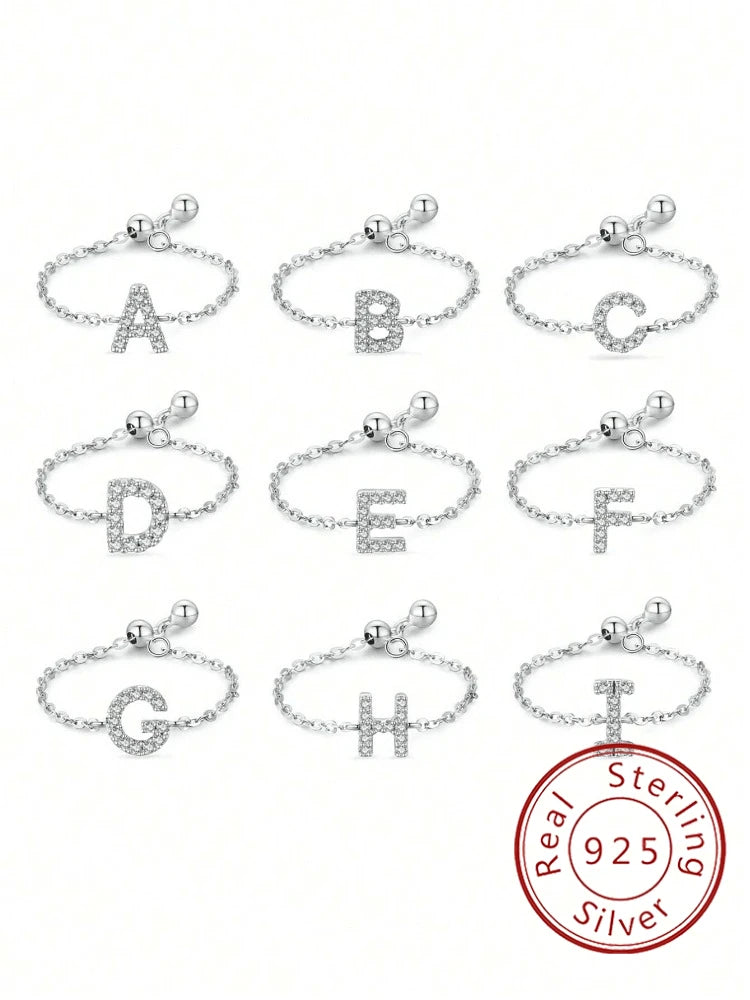 925 Sterling Silver Fashion Letter Chain Adjustable Full Zircon Ring For Women Party Personalized High Quality Fine Jewelry